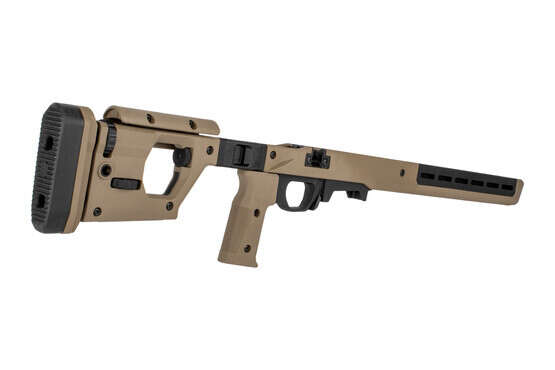 The Magpul Pro 700 chassis FDE features a near vertical pistol grip for better ergonomics